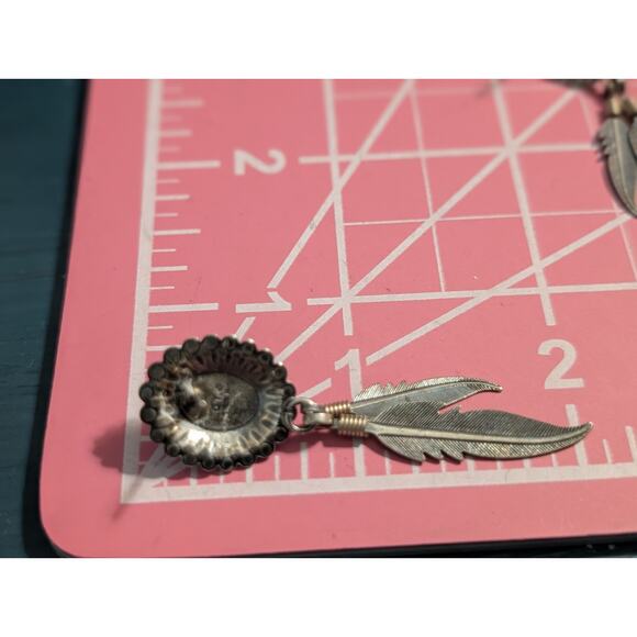 Vintage Signed QT Sterling Turquoise Feather Dangle Pierced Earrings - Picture 4 of 6